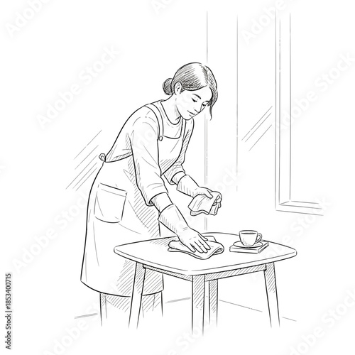 Woman cleaning table with cloth and gloves, home hygiene, housekeeping
