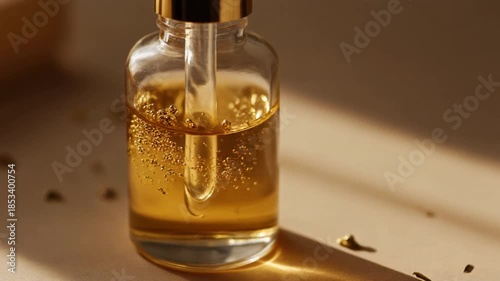 closeup of serum transparent bottle drop filled oil swirling inside