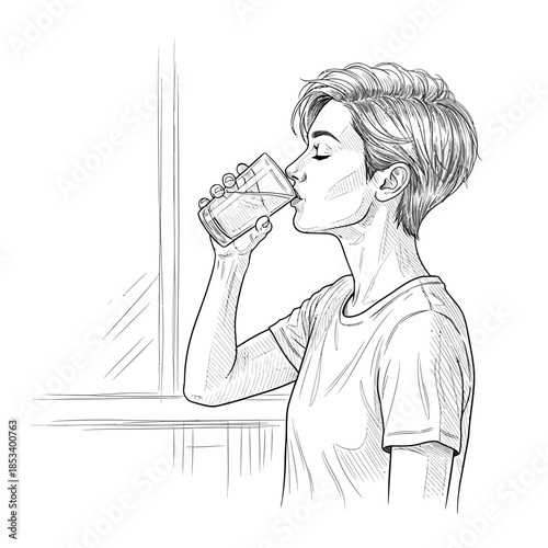 Woman drinking water from glass, sketch style, close-up side profile