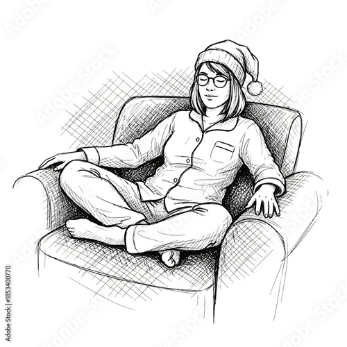 Woman in Pajamas and Nightcap Relaxing in Armchair, Ink Drawing Illustration