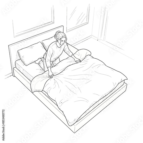 Woman making bed, drawing of tidying duvet and pillows on mattress in bedroom