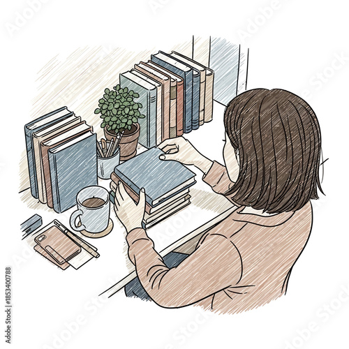 Woman organizing books on desk, studying or working from home, sketch art