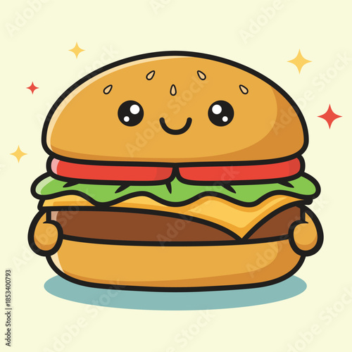 Adorable Flat Design Hamburger with a Friendly Face Vector Art
