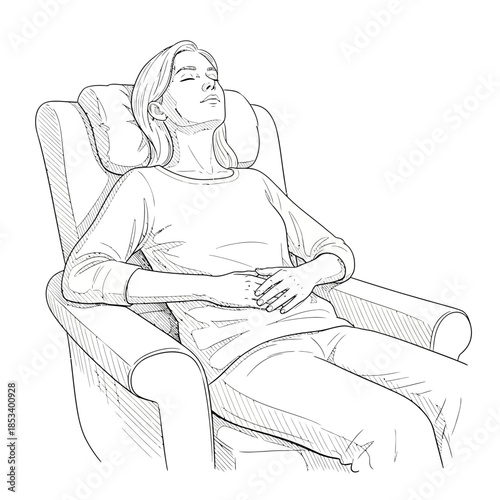 Woman Relaxing in Armchair, Eyes Closed, Peaceful Serenity, Hand Resting on Stomach