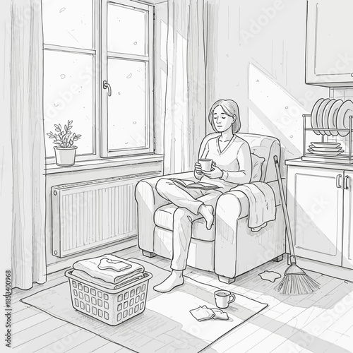 Woman relaxing with coffee and book in armchair by window, laundry basket nearby.