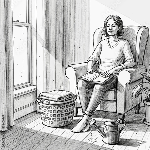 Woman Relaxing Reading Book in Armchair with Sunlight and Watering Can