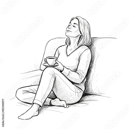 Woman Relaxing with Coffee Cup on Sofa, Enjoying Peaceful Moment