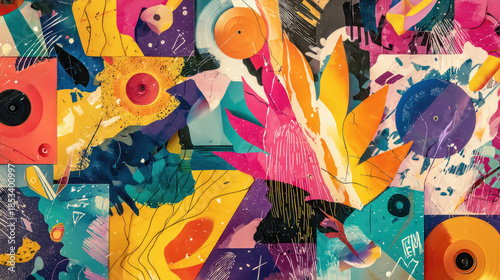 Colorful music magazine collage with vinyl records concept. Vibrant abstract design with colorful shapes and textures.