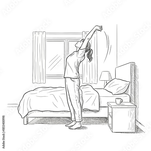 Woman stretching arms up in bedroom, waking up, healthy lifestyle, morning routine