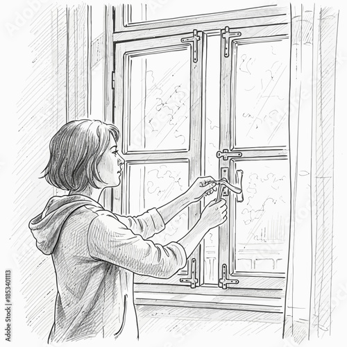 Young Woman Opening Window, Hand Drawn Sketch Style, Side View