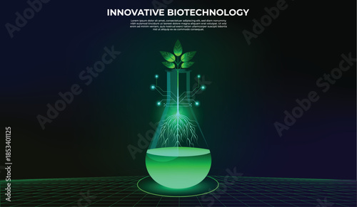 Plant experiment inside a glass test tube in a chemical laboratory. Symbolizing progress with nature and protection, care for the environment. Air, oxygen, and sustainability. Earth, nature, biotech