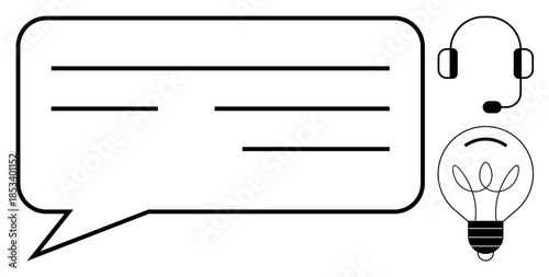 Customer service, innovation, brainstorming, problem solving, communication, remote work. A speech bubble, headset and light bulb icon. Customer service and innovation concept