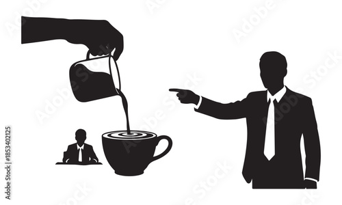 Businessman pointing at a cup of coffee being poured