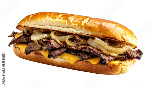A loaded sandwich with steak, cheese, and onions on a toasted hoagie roll