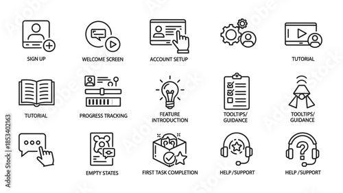 Outline icons representing various user interface and experience concepts.