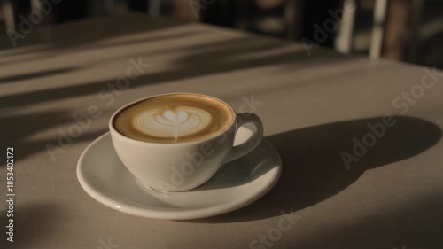 horizontal panning shot revealing latte art cup on table cast by sunlight