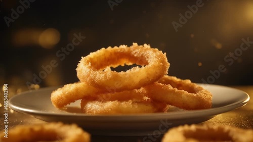closeup of onion rings landing on plate with crunchy sound feel and golden lighting