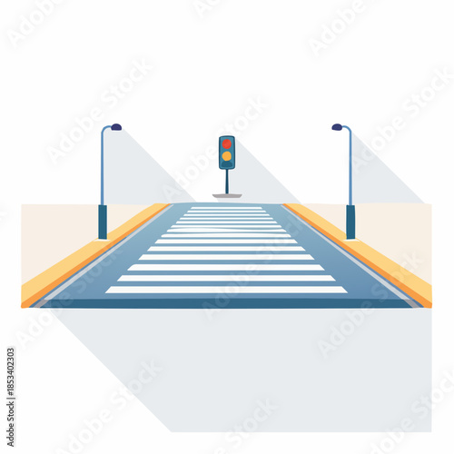 Minimal vector illustration of empty pedestrian crossing with long shadows, urban street scene, flat design, no people
