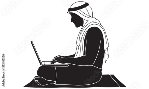 Man in traditional Middle Eastern attire working on laptop