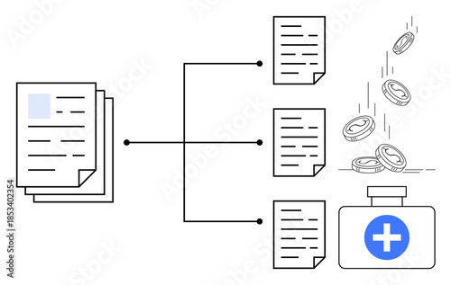 Data management, financial planning, healthcare, record distribution, resource allocation, digital transactions. Stacked documents branching into files and a container with coins. Data management
