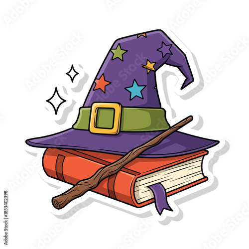 Magic purple wizard hat with wand and spell book and sparkles sticker vector illustration.