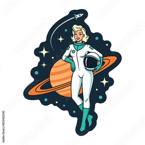 Retro female astronaut character standing in space with planets and stars vector illustration.