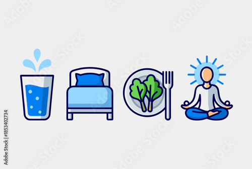 Healthy Lifestyle Elements Water, Sleep, Food, and Meditation Icons