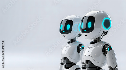 Two cute robots standing on the far right, appearing to whisper or confer while looking at the left empty space.