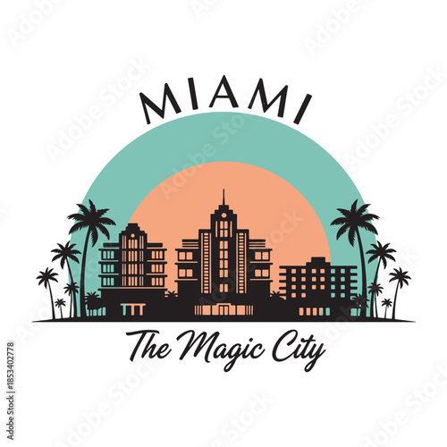 Miami city skyline with art deco buildings palm trees and text logo vector illustration.