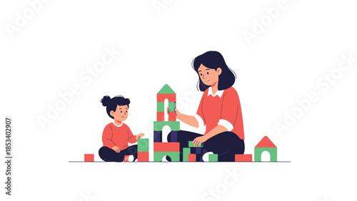 Mother and child playing with building blocks together.