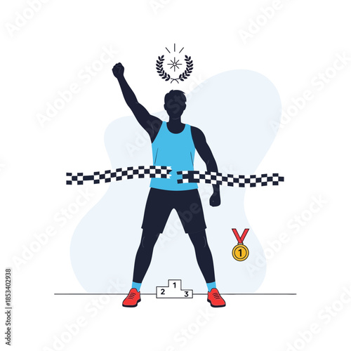 Athlete crossing finish line, celebrating victory, winning a race, achieving success, gold medal