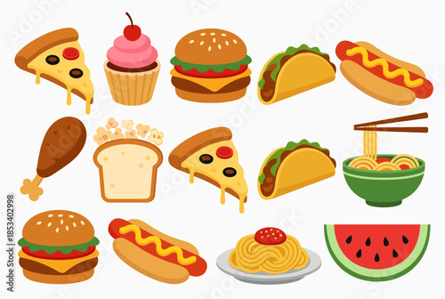 Assortment of Fun Cartoon Fast Food and Snack Icons on White Background