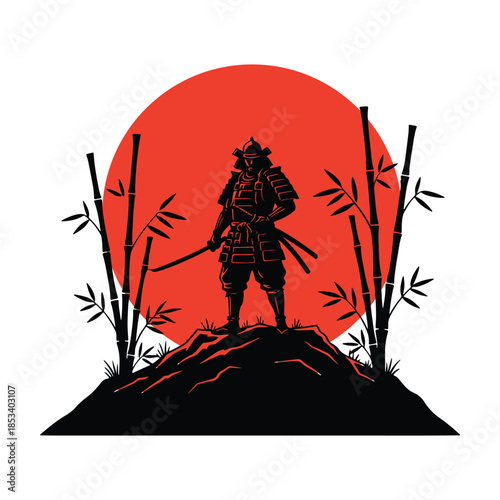 Samurai warrior standing with katana sword in bamboo forest red sunset vector illustration.