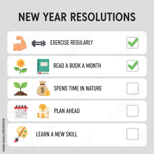 New Year Resolutions Checklist: Fitness, Reading, Nature, Planning, Skills
