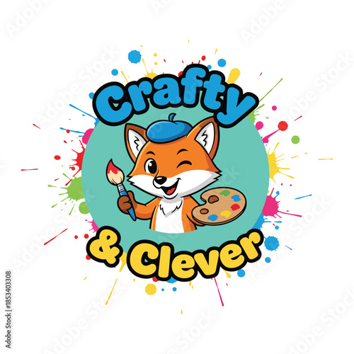 Cute crafty fox character painting with brush and palette colorful splash vector illustration.