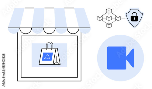 E-commerce, blockchain technology, cybersecurity, video streaming, online shopping, digital security. Shopfront with a bag, blockchain nodes security shield and video icon. E-commerce