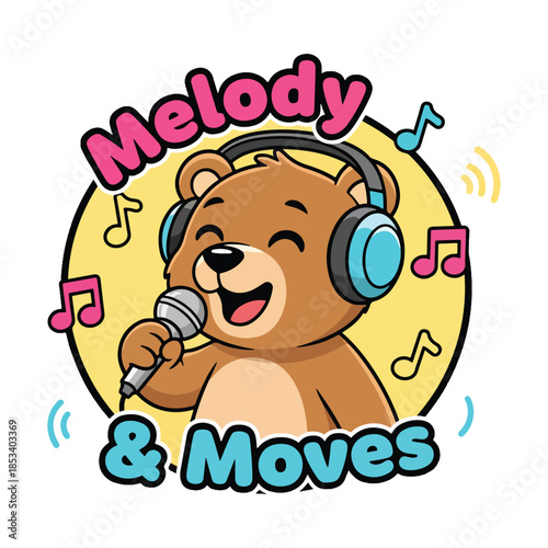 Cute bear character singing into microphone with headphones Melody & Moves text vector illustration.