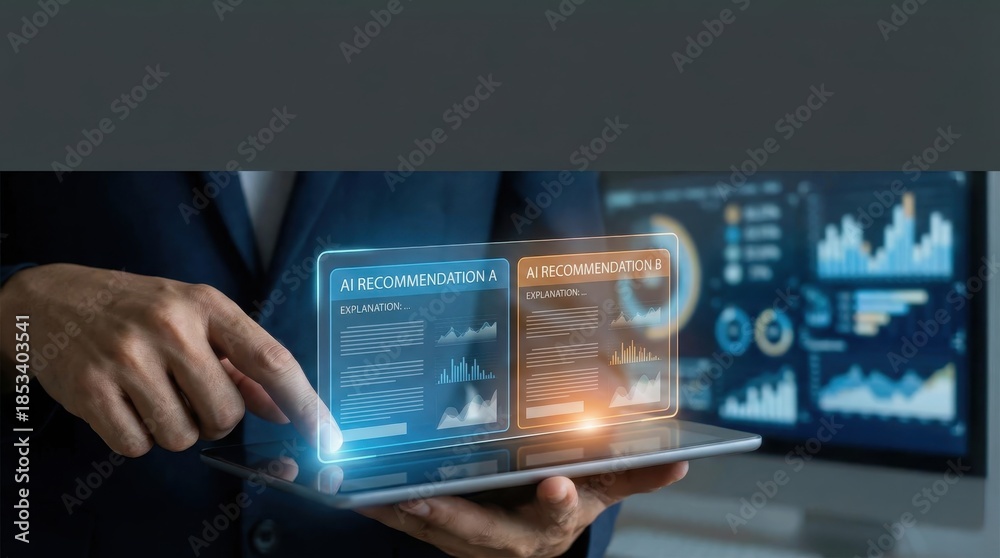 Fototapeta premium Digital analytics display on tablet with financial data and charts. explainable ai concept