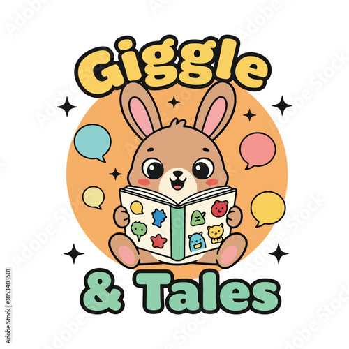 Cute rabbit character reading a book with Giggle & Tales text vector illustration.
