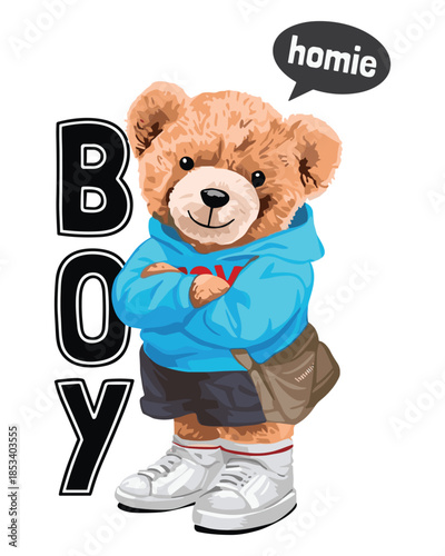 Urban teddy bear vector illustration wearing hoodie with crossed arms and a messenger bag; great for streetwear apparel and advertising