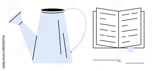 Watering can and open book suggesting cultivation of learning, education, and growth. Ideal for education, self-development, creativity, inspiration, knowledge exploration, nurturing simple flat