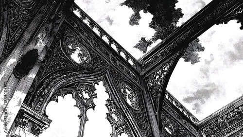 Dark Victorian Gothic architectural lace and ironwork frames combined with sharp, high-contrast Japanese Manga action lines and screentone textures