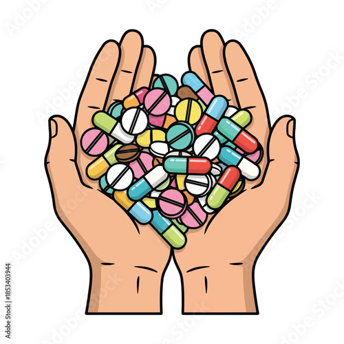 Two hands holding big pile of colorful medical pills and capsules vector illustration.