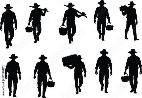 Cowboy farming silhouette vector illustration, rural worker icons, agriculture poses, harvest tools, walking farmer clipart, editable graphic