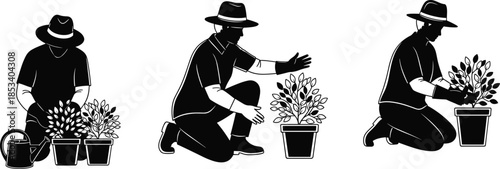 Gardening silhouette vector illustration, plant care icons, watering graphic, pruning pose, garden activity clipart, editable design