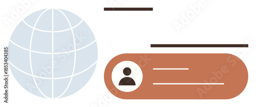 Globe graphic beside a user profile card with text bars representing global connectivity, identity, and digital profiles. Ideal for communication, networking, technology, identity, globalization