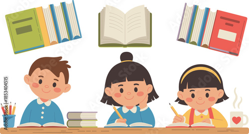 Cute children studying together illustration with books pencils and school supplies education concept isolated on white background, cartoon learning design