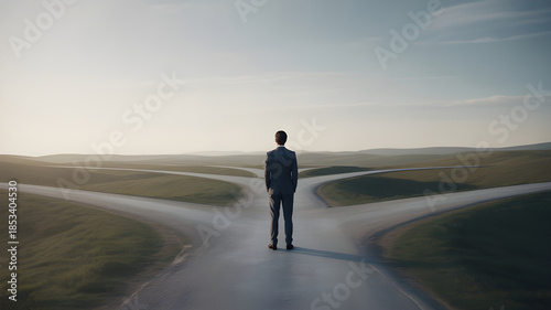 Conceptual photorealistic scene of a single generic human figure standing at a forked road with multiple paths extending into the distance, soft cinematic lighting, realistic environment, neutral tone