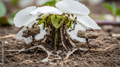 Ants collaboratively lifting and supporting a white flower from the soil, showcasing their incredible teamwork and strength.
