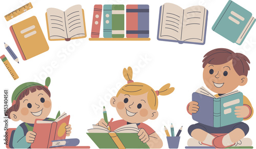 Cute children reading books illustration set with school supplies notebooks pencils education concept isolated on white background, cartoon learning design